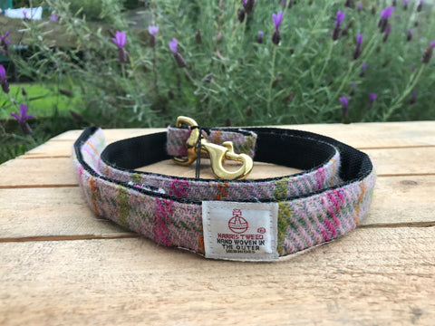 ‘Harris Tweed’ Dog Lead -  Light Pink Check - Solid Brass