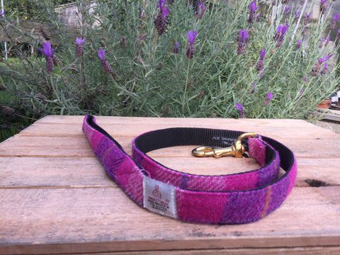 ‘Harris Tweed’ Dog Lead -  Pink & Purple - Solid Brass